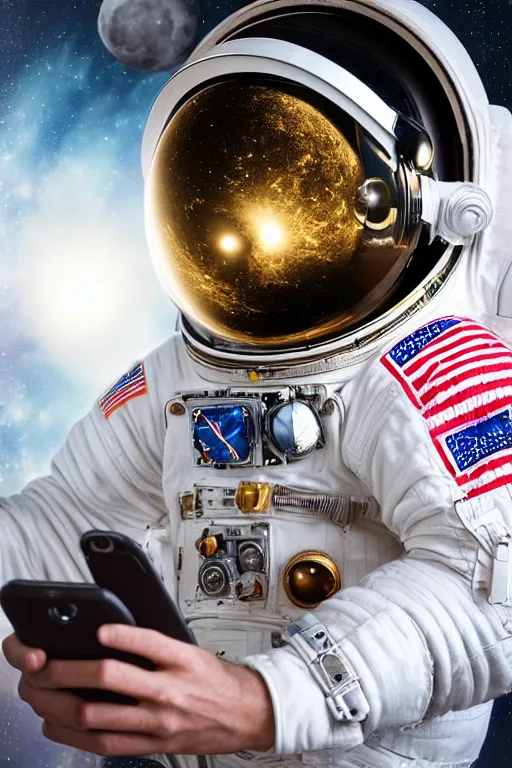 Image similar to extremely detailed studio portrait of space astronaut taking a selfie, holds a smart phone in one hand, phone!! held up to visor, reflection of phone in visor, moon, extreme close shot, soft light, golden glow, award winning photo by michal karcz and yoshitaka amano