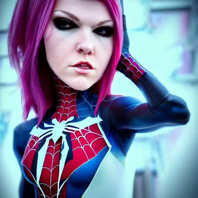 Prompt: perfectly centered close up portrait, spider - gwen, candid photography, by anne stokes, highly detailed, character concept