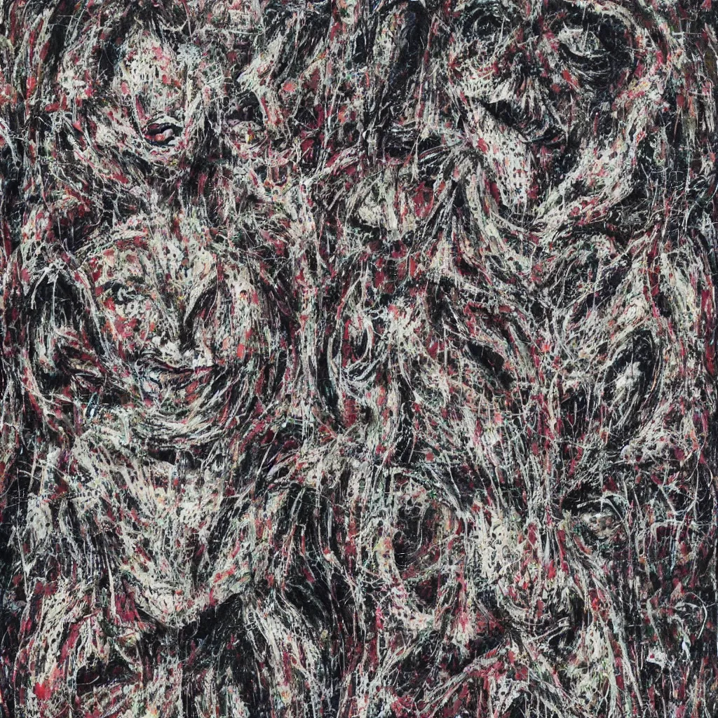 Image similar to camo made of teeth, smiling, abstract, francis bacon artwork, cryptic, dots, spots, stipple, lines, splotch, color tearing, pitch bending, faceless people, dark, ominious, eerie, hearts, minimal, points, technical, old painting