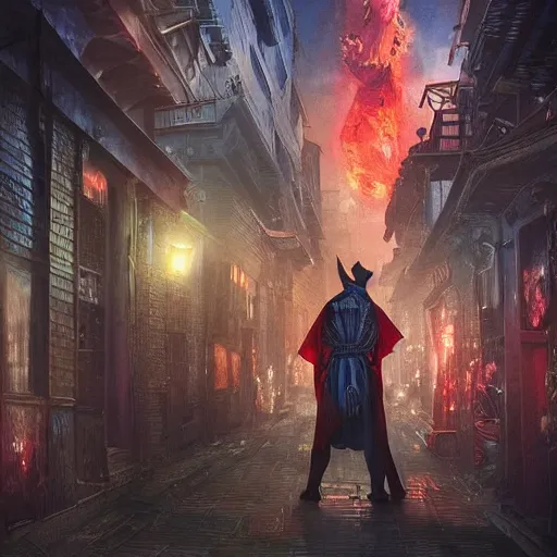 Image similar to “a creepy criminal magic city, similar to Knock Turn Alley, the sky is flayed like Doctor Strange, dinosaurs walking on street, D&D, fantasy, intricate, cinematic lighting, highly detailed, digital painting, artstation, concept art, smooth, sharp focus, illustration, art by Artgerm and Greg Rutkowski and Alphonse Mucha”