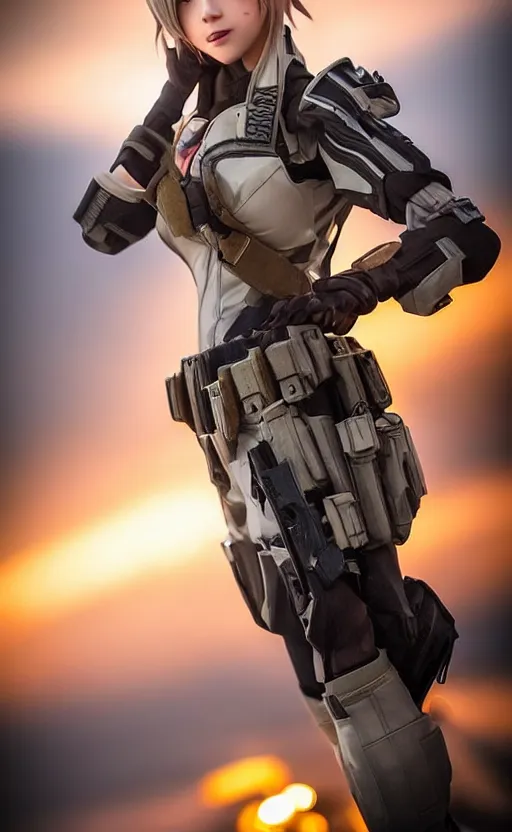 Prompt: highly detailed, high resolution, cosplay photo, stunning, realistic lightning, real sunset, in the middle of the battlefield, girls frontline style, bokeh soft, 100mm, trending on facebook, by professional photographer, realistic anatomy, realistic military rigs, full body suit