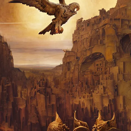 Prompt: masterpiece desert eagle soaring over bazaar of unholy goods, by Edgar Maxence and Ross Tran and Michael Whelan and Da Vinci and Caravaggio and J.M.W Turner and Brueghel intricate line drawings, unknwon intercession, detailed and beautiful intricate faces, 4k resolution