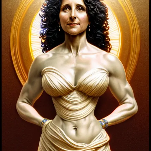 Image similar to ultra realistic illustration, a statue of a glorious goddess julia louis - dreyfus, intricate, elegant, highly detailed, digital painting, artstation, concept art, smooth, sharp focus, illustration, art by artgerm and greg rutkowski and alphonse mucha