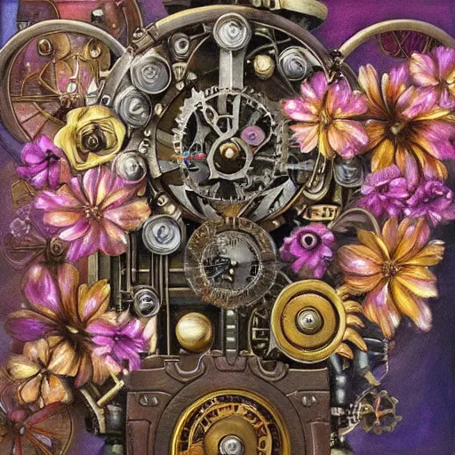 Prompt: beautiful steampunk mechanical flowers, detailed oil painting,