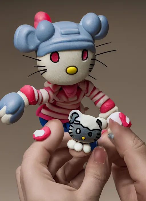 Image similar to product photography of a claymation action figure joe rogan hello kitty, depth of field, zeiss lens, detailed, centered, by erwin olaf, joop geesink, wes anderson, breathtaking, 8 k resolution, extremely detailed, beautiful, establishing shot, realistic materials, hyperrealistic