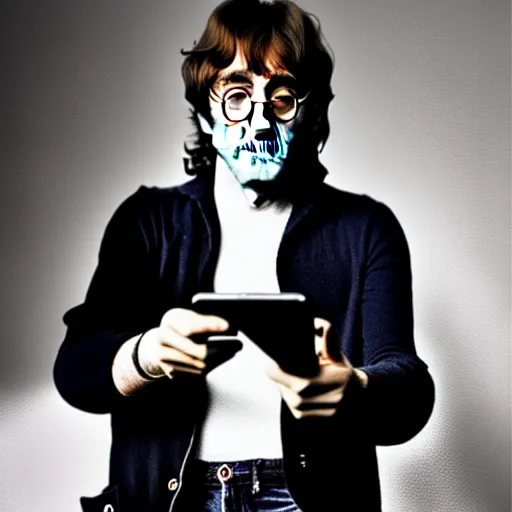 Image similar to a photo of john lennon holding a smartphone in his hand, high detailed