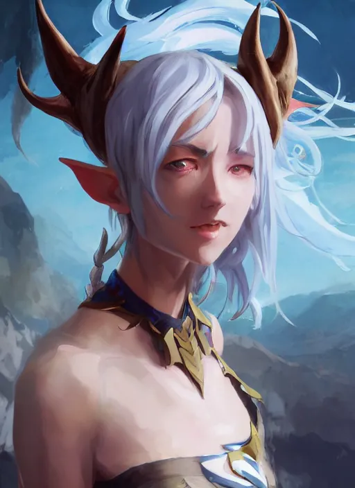 Image similar to concept art painting of a woman with brown skin and short white hair, demon horns, elf ears, full clothing, blue clothes, robes, detailed, cel shaded, in the style of ruan jia and artgerm and makoto shinkai and james gurney