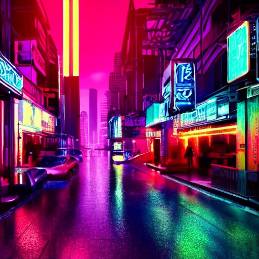 Prompt: cyberpunk city scene at night with colorful neon lit rainy streets and signs with a flamingo, film still