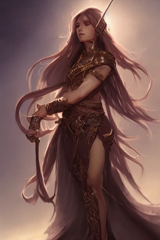 Image similar to A beautiful female dnd cleric with long flowing hair by WLOP, ross tran and larry elmore