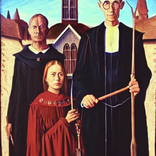 Prompt: a witch and a wizard in the style of american gothic