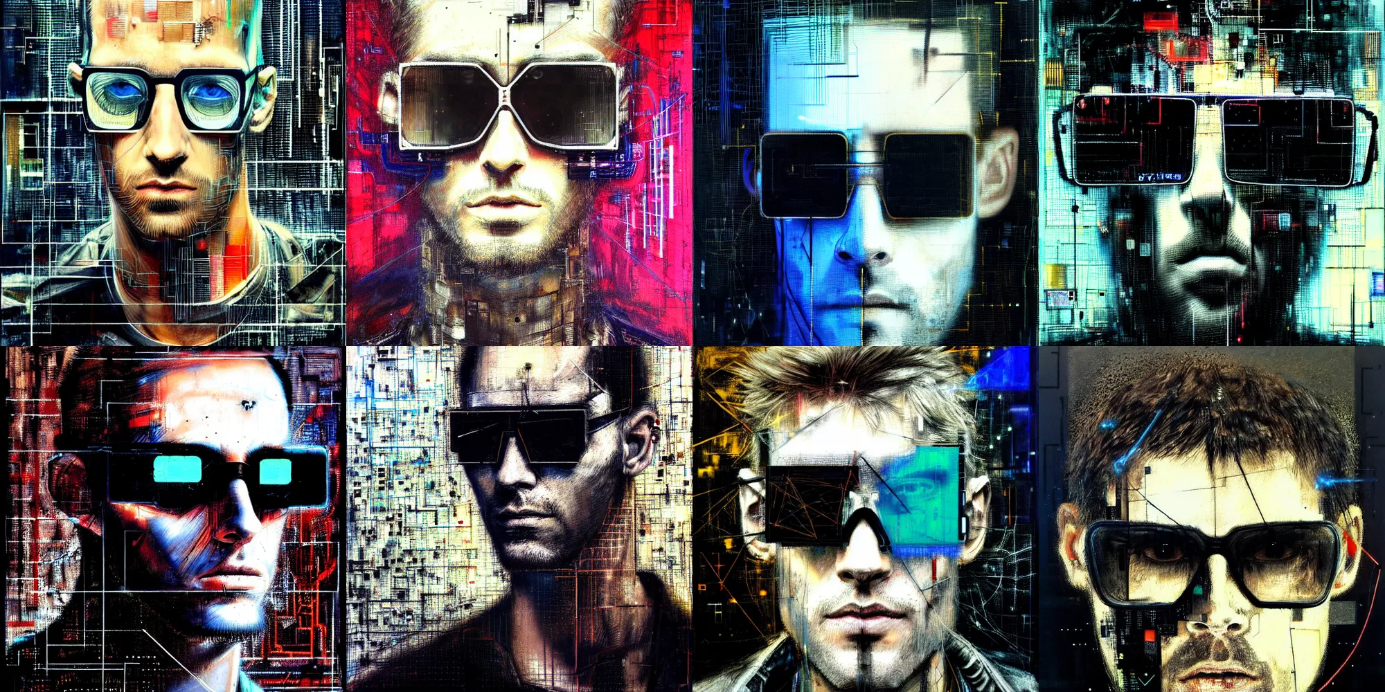 Prompt: hyperrealistic portrait of a cyberpunk man, by Guy Denning, Johannes Itten, Russ Mills, hacking effects, medium long hair, glitch effects, detailed lines, network, technological sunglasses, technological, color blocking!, circuitry, digital, oil on canvas, insane detail, front view, symmetrical, octane, concept art, profile pic, masterpiece, abstract, artistic, 8k, cinematic, trending on artstation