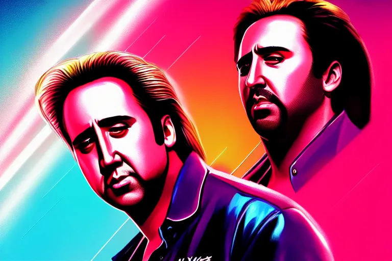 Image similar to young nicolas cage from wild at heart starring in “ miami vice ” movie poster artwork, 4 k digital art, neon, 8 0's style artstation, concept art, smooth, sharp focus, illustration, artgerm