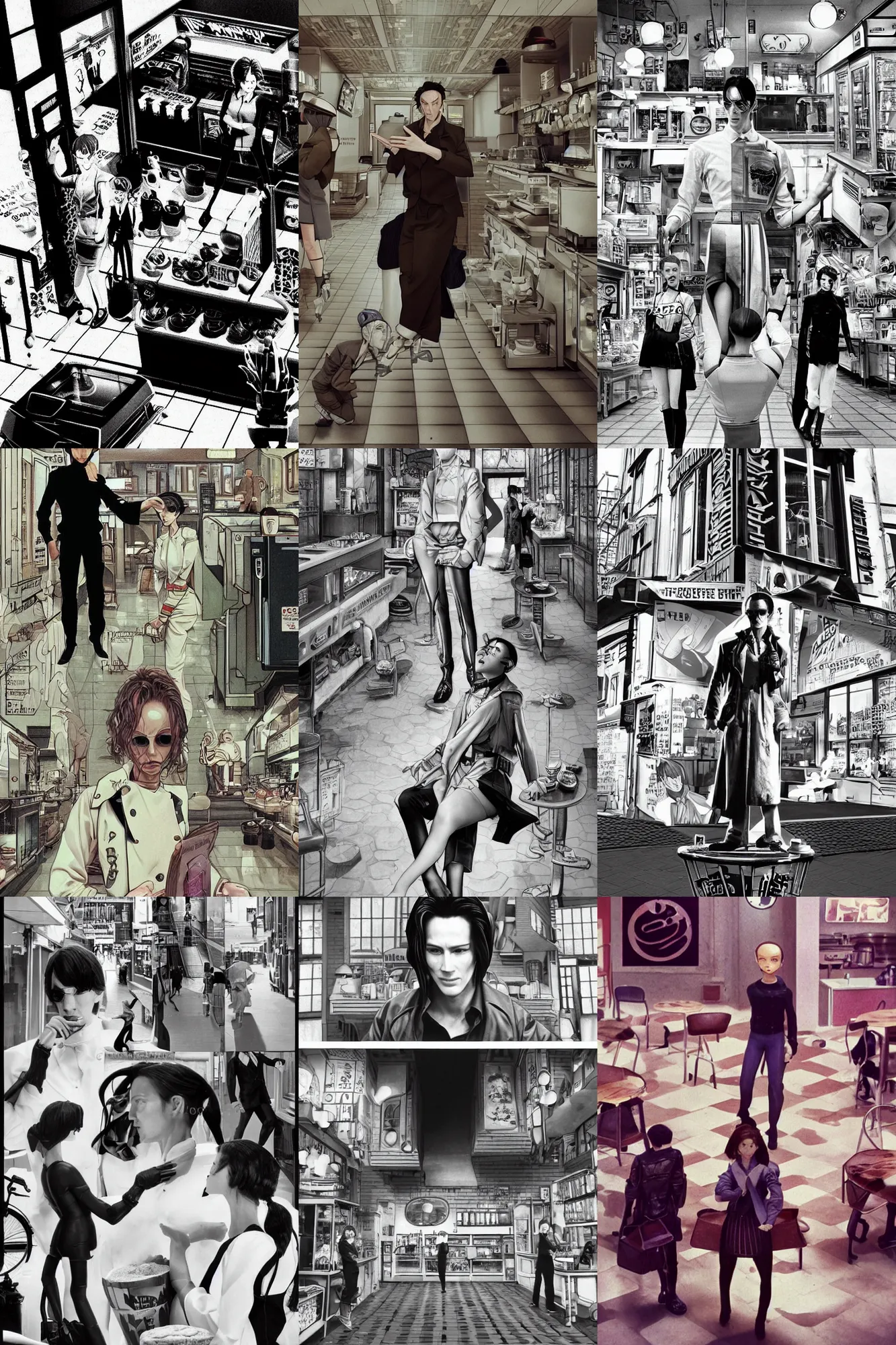 Prompt: beautiful hyperelliptic extreme three point perspective film still reimagined coffee shop scene from the matrix pastry bake off(1990) full-body portrait in style of 1990s frontiers in herbal anthropomorphic retrofuturism french seinen manga street photography fashion edition, highly detailed pointé posed sheer porcelain miuature keanu reeves as neo model, focus on pursed lips, chocolate drowning, strawberry accident, terrified, eye contact, tilt shift ghibli style scene background, soft lighting