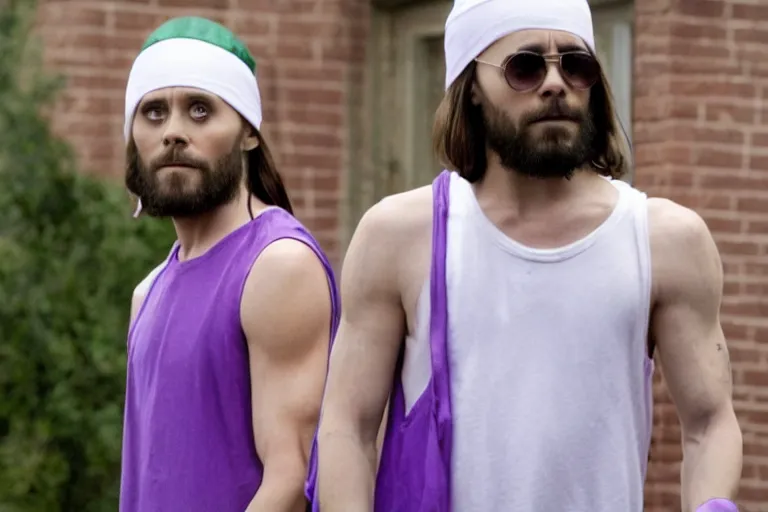 Image similar to medium full shot of jared leto as a white gang member wearing a purple head covering made from a polyester or nylon material and a white tank top outside a trap house in the new movie directed by ice cube, movie still frame, arms covered in gang tattoo, promotional image, critically condemned, top 1 5 worst movie ever imdb list, public condemned, relentlessly detailed