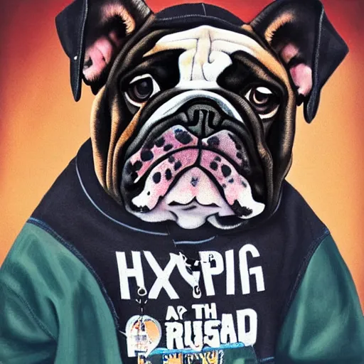 Image similar to a hyperrealistic portrait of an english bulldog as a gangster wearing hip hop clothes, streetwear, divorced