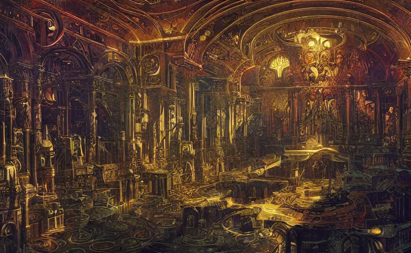 Prompt: baroque neoclassicist renaissance halls decorated with sci - fi colorful chrome textures. reflective detailed textures. gloomy black background. highly detailed fantasy science fiction painting by james mccarthy, moebius, norman rockwell, frank frazetta, and syd mead. rich colors, high contrast. artstation