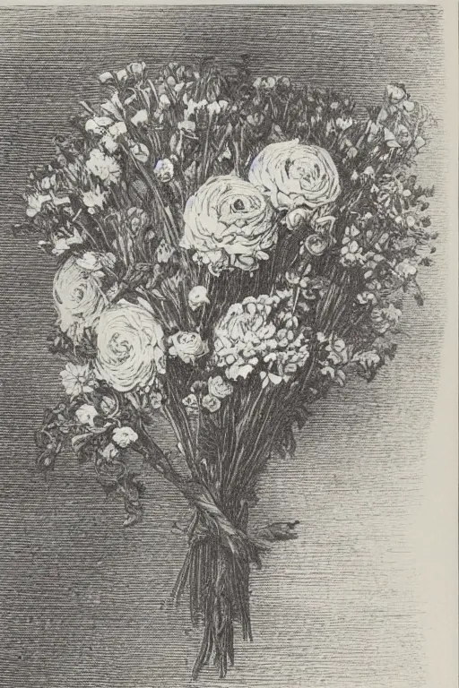 Image similar to black and white, close-up flower bouquet, Gustave Dore lithography