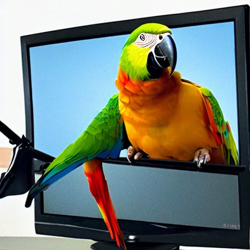 Prompt: a parrot giving a news cast on tv