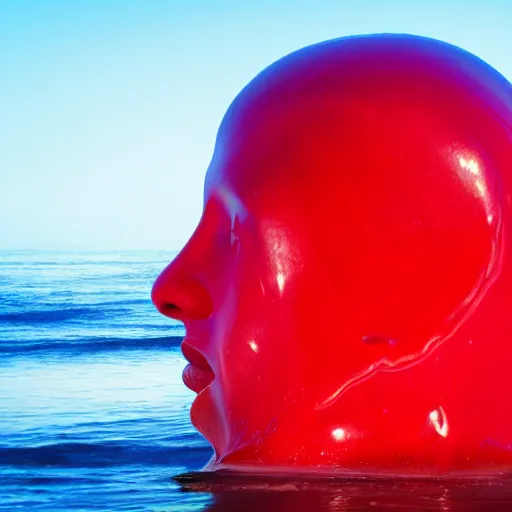 Image similar to a giant human head sculpture in the sea made out of juicy and transparent red jelly, long shot, hyper detailed, hyper realistic, ray tracing, 8 k resolution, sharp focus, realistic water, award winning