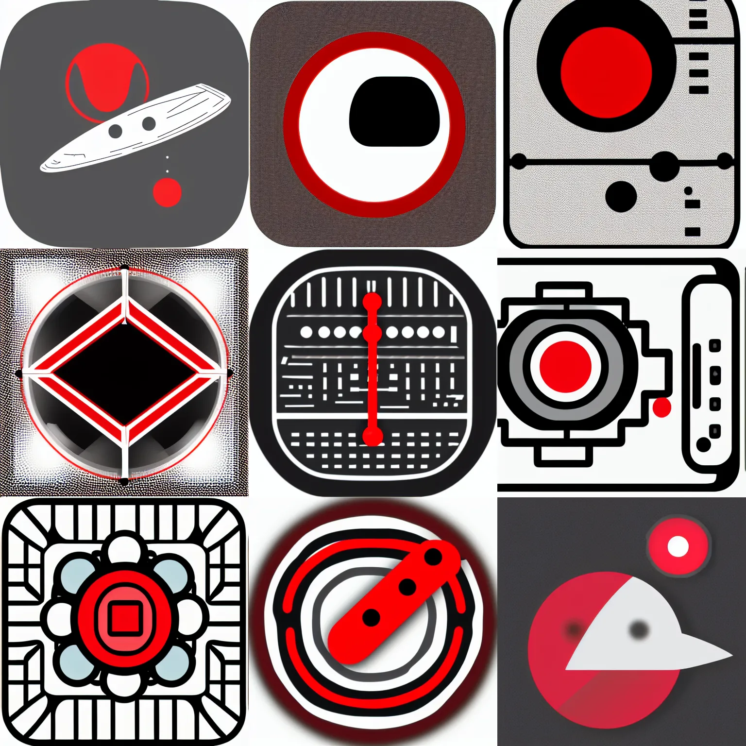 Prompt: notification icon of a spaceship next to a red dot, clear lines, vector, png, black and white