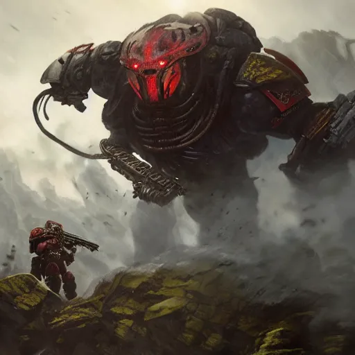 Image similar to A space marine fighting the Predator on top of a mountain, HD, cinematic, black clouds in the background, concept art, art by Leesha Hannigan and Greg Rutkowski, 8K, close up, incredibly high attention to detail, complex, good color blending, award winning artwork