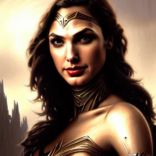 Image similar to head and shoulders Portrait of Gal Gadot as Sylvanas, dark fantasy, medium shot, intricate, elegant, highly detailed, digital painting, volumetric light, artstation, concept art, smooth, sharp focus, illustration, art by Gil Elvgren and Greg Rutkowski and Alphonse Mucha