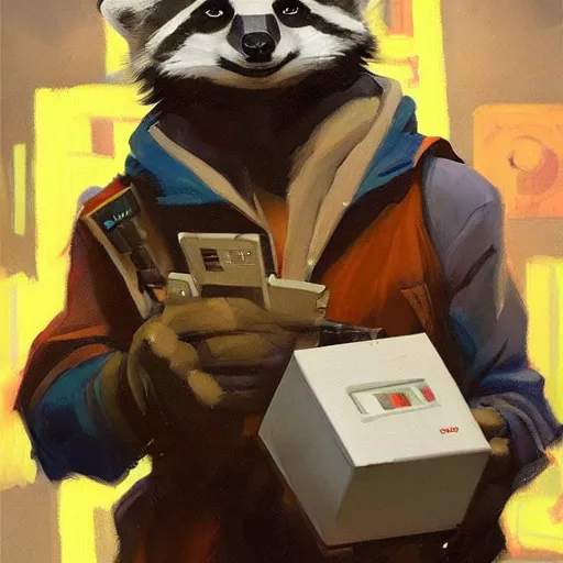 Image similar to greg manchess painting of a trash panda character, holding a box of cables and standing next to old electronic equiptment, medium shot, asymmetrical, profile picture, organic painting, night time, dark, neon lights, matte painting, bold shapes, hard edges, street art, trending on artstation, by huang guangjian and gil elvgren and sachin teng