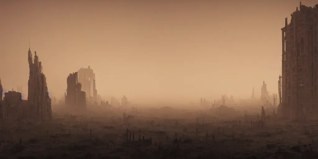 Image similar to tower!!!!!!!!, towers!!!!!!!!, derelict, tall, ancient, atmospheric, beautiful, concept art, desert, civilisation, artstation, hazy, matte painting, highly detailed, volumetric lighting, rays, moody, golden hour, dawn, octane render, digital art, global illumination, city, burning