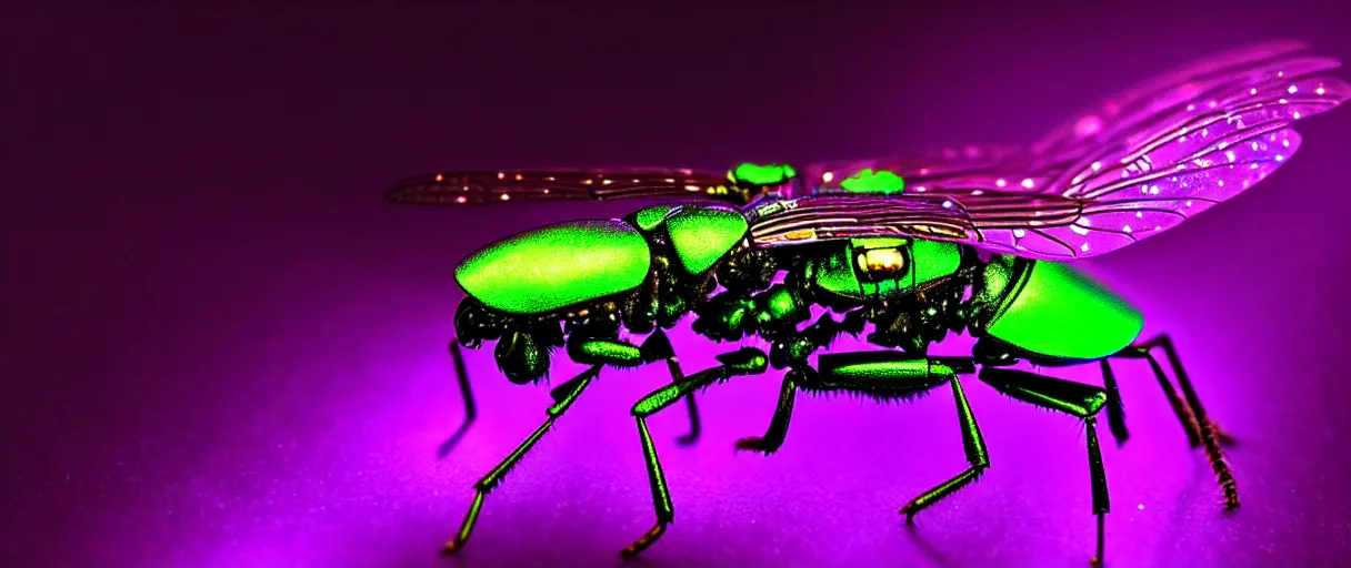 Image similar to high quality macro photo iridescent cyborg fly! jeweled very beautiful! highly detailed digital art david ligare elson peter cinematic purple neon lighting high quality low angle hd 8k sharp shallow depth of field