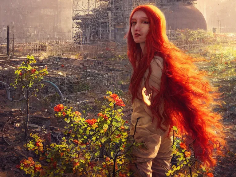 Image similar to red hair girl, chernobyl powerplant!!!, rubble!, ruins!!, flowers, vines, hyperrealistic, highly detailed, cinematic, single ray of golden sunlight, beautiful, cgssociety, artstation, 8 k, oil painting by greg rutkowski, by artgerm, by wlop