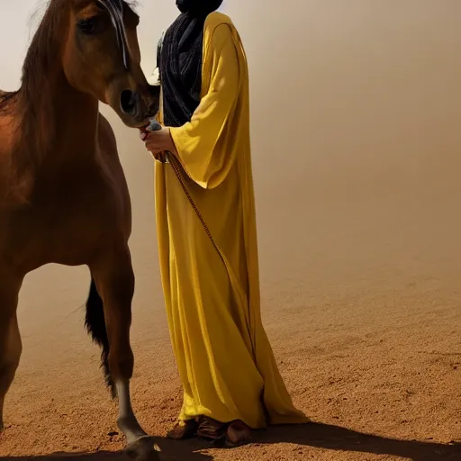 Image similar to ultra - photorealistic, middle eastern woman driving horse and handling weapon, dust, yellow cinematic, 4 k, 8 0 0 mm, uhd, vogue, winning photo of the year, sharp focus, intricate, hyperdetailed