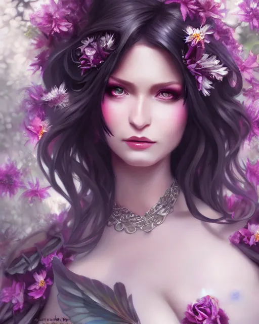 Image similar to dark angel in beatiful dress surrounded by dark flowers and diamonds, very detailed, realistic face, detailed face, matte, tonemapping, bbwchan, perfection, 4 k, cushart krenz