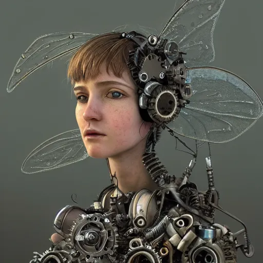 Prompt: portrait of a mechanical fairy with fairy wings, gears, wire and cables, very detailed, very realistic, in the style of Craig Mullins and James Gurney, 4k