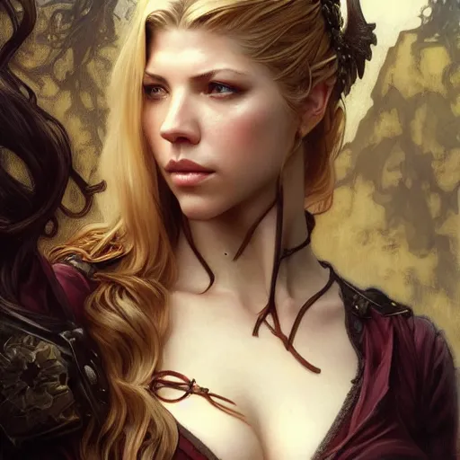 Image similar to beautiful Katheryn Winnick, western, closeup, D&D, fantasy, intricate, elegant, highly detailed, digital painting, artstation, concept art, matte, sharp focus, illustration, art by Artgerm and Greg Rutkowski and Alphonse Mucha