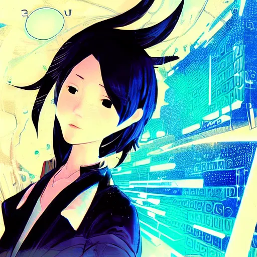 Image similar to Frequency indie album cover, luxury advertisement, blue filter, blue and black colors. Clean and detailed post-cyberpunk sci-fi close-up schoolgirl in asian city in style of cytus and deemo, blue flame, relaxing, calm and mysterious vibes, by Tsutomu Nihei, by Yoshitoshi ABe, by Ilya Kuvshinov, by Greg Tocchini, nier:automata, set in half-life 2, Matrix, GITS, Blade Runner, Neotokyo Source, Syndicate(2012), dynamic composition, beautiful with eerie vibes, very inspirational, very stylish, with gradients, surrealistic, dystopia, postapocalyptic vibes, depth of field, mist, rich cinematic atmosphere, perfect digital art, mystical journey in strange world, beautiful dramatic dark moody tones and studio lighting, shadows, bastion game, arthouse