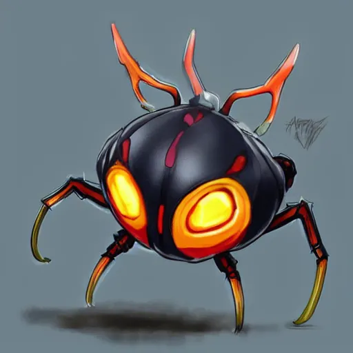 Prompt: A pokemon that looks like a A beetle, with a pumpkin-like shell that causes storms when it takes off，Trending on art station. Unreal engine.