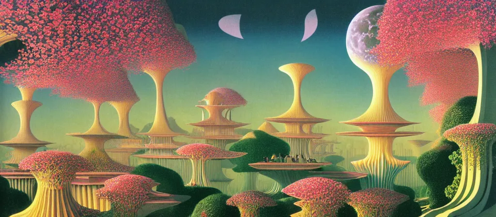 Image similar to huge gargantuan angular dimension of pagoda liminal spaces, temples by escher and ricardo bofill. utopian singaporean landscape by roger dean. magical realism, surrealism, lush sakura trees, waterfalls, thunder, lightning, vaporwave, trending on artstation, shot from below, epic scale