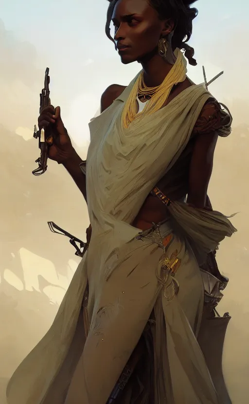 Prompt: a personification of the country somalia, highly detailed, digital painting, artstation, concept art, sharp focus, illustration, art by greg rutkowski and alphonse mucha