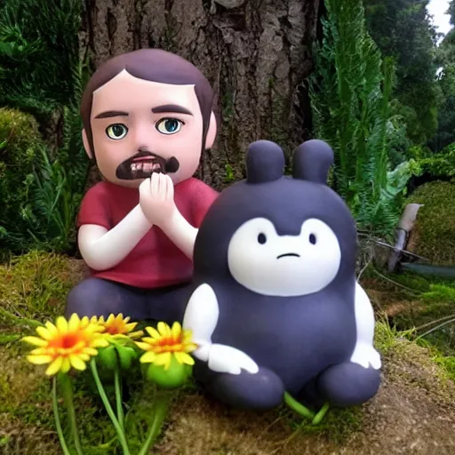 Prompt: gabriel boric sitting at the flower made by studio ghibli, detail, high quality, detailed creature, beautiful scene, smooth