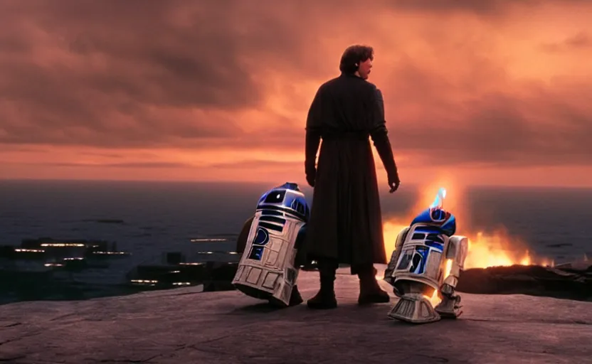 Image similar to iconic wide cinematic screen shot of luke skywalker downtrodden with r 2 - d 2, standing with a view of coruscant at sunset, from the thrilling scene from the hbo succession, moody cinematography, foggy volumetric lighting, hyper detailed scene, anamorphic lenses 2 4 mm, lens flare, award winning