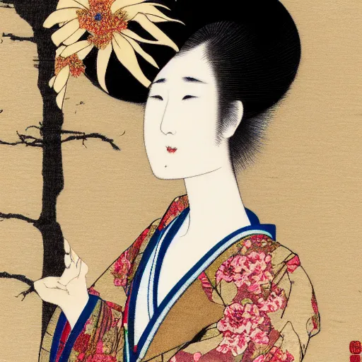 Prompt: geisha girl by ikenaga yasunari and ayana otake and ko rakusui, drawing, realistic, sharp focus, japanese, dreamy, nostalgia, faded, golden hues, floral clothes