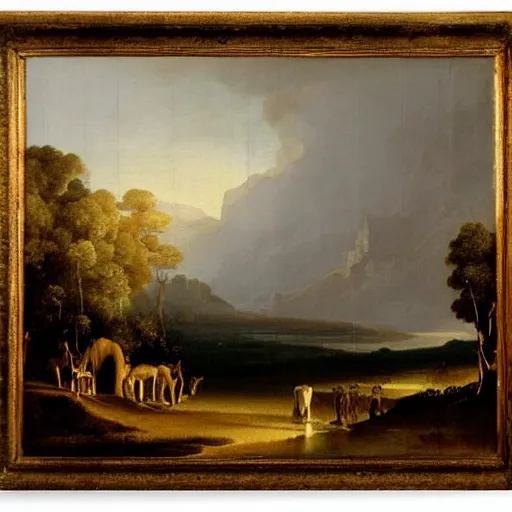 Prompt: the african velt, highly detailed landscape painting by claude lorrain, misty ominous atmosphere