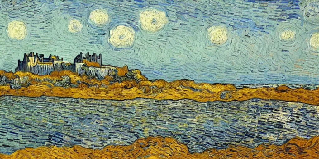 Prompt: bamburgh castle and beach painted by Vincent Van Gogh, wide brush strokes