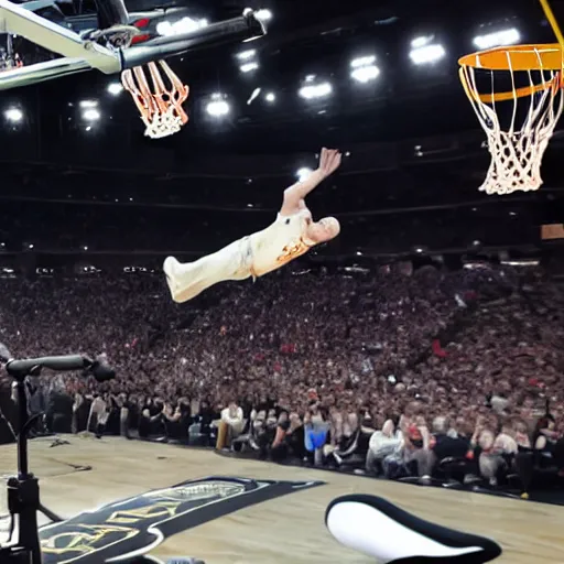 Image similar to photograph of stephen hawking flying through the air in his hovering wheelchair, dunking, highlights of the 2 0 1 9 nba slam dunking contest