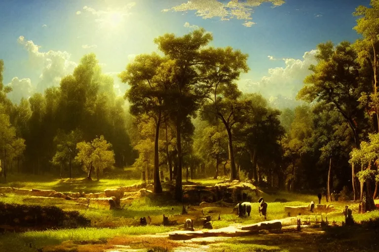 Image similar to Very beautiful painting by Albert Bierstadt and City Hunter anime HD and Naïve Art HD and Toei animation backgrounds, a beautiful landscape of the french countryside with a big science fiction spherical factory on a hill, nice lighting, soft and clear shadows, low contrast, perfect