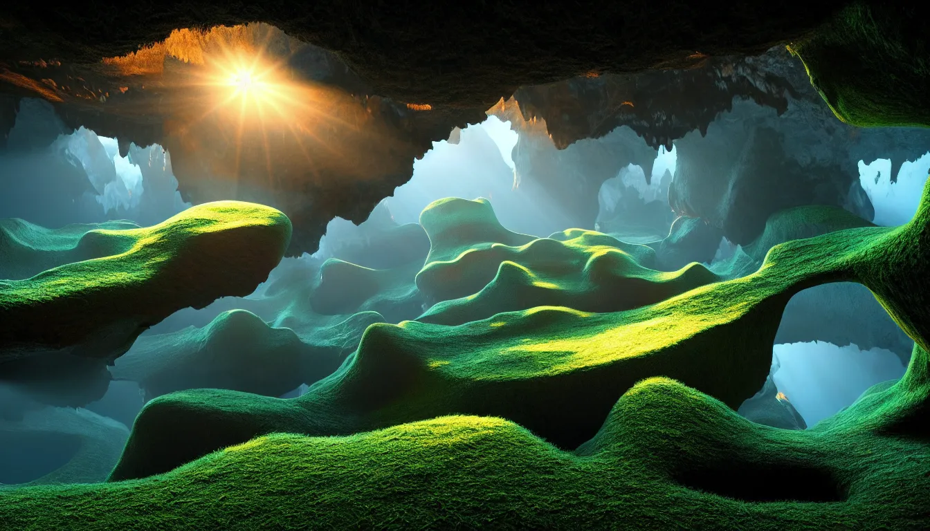 Image similar to expansive caves with growing fungal biodiversity , pools of water reflecting , dramatic dusk sun illuminates areas , volumetric light ,detailed entangled fibres carpet the fallen rocks ,full colour , upscale , 8k