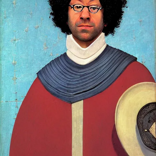 Prompt: portrait of Richard Ayoade as a medieval Byzantine exarch, by Angus McBride, Gentile Bellini, Piero della Francesca, and Annie Leibovitz. HD face portrait.