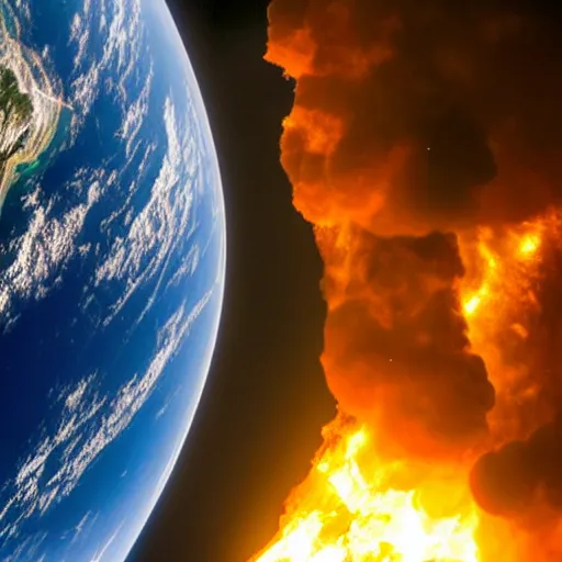 Image similar to photograph from the international space station window as planet earth splits in half following a large asteroid impact, fire explosions