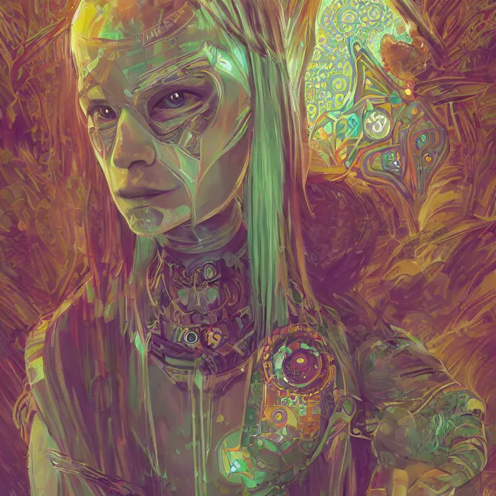 Image similar to portrait of a future metaverse ayahuasca tech shaman warrior, 2 d cartoon, visionary art, symmetric, magick symbols, holy halo, shipibo patterns, sci - fi, concept art, trending on art station, 8 k digital art, by mandy jurgens, fantasy portrait art, anime