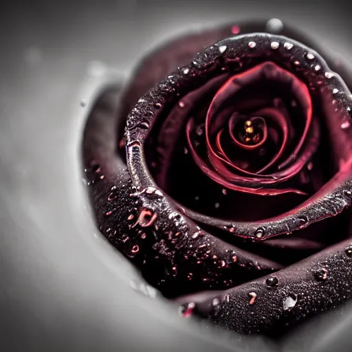 Image similar to award - winning macro of a beautiful black rose made of glowing molten magma